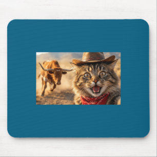 Funny Cowboy Cat Selfie With Charging Bull Western Mouse Pad