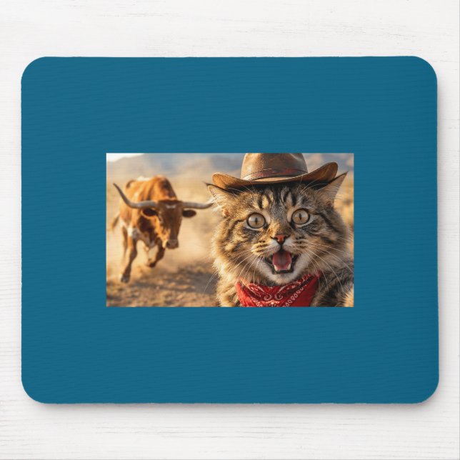 Funny Cowboy Cat Selfie With Charging Bull Western Mouse Pad (Front)