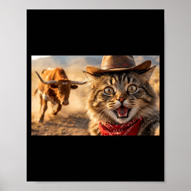 Funny Cowboy Cat Selfie With Charging Bull Western Poster (Front)