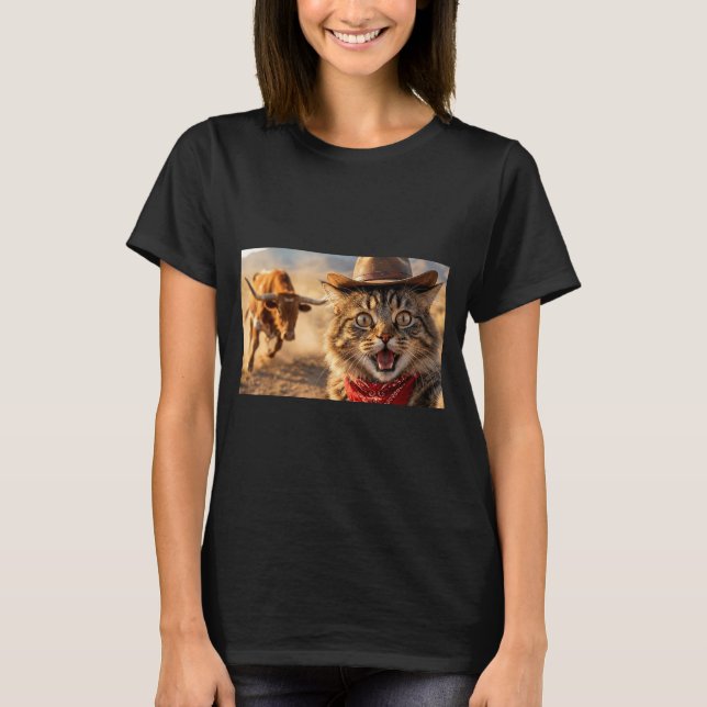 Funny Cowboy Cat Selfie With Charging Bull Western T-Shirt (Front)
