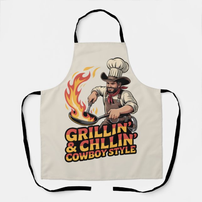 Funny Cowboy Chef “GRILLIN’&CHILLIN’ COWBOY STYLE” Apron (Front)