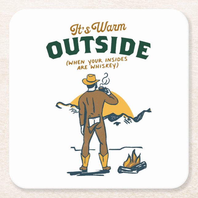 Funny Cowboy Drinking Whiskey Square Paper Coaster (Front)