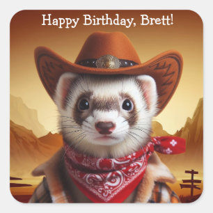 Funny Cowboy Ferret Western Style Birthday Square Sticker