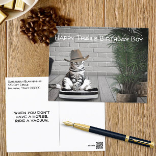 Funny Cowboy Hat Cat on a Vacuum Birthday Card