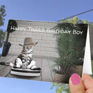 Funny Cowboy Hat Cat on a Vacuum Birthday Card