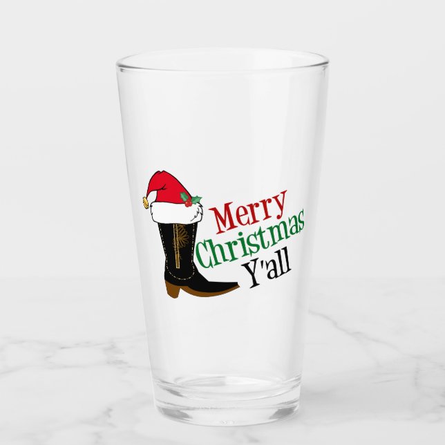 Funny Cowboy Merry Christmas Y'all Glass (Front)