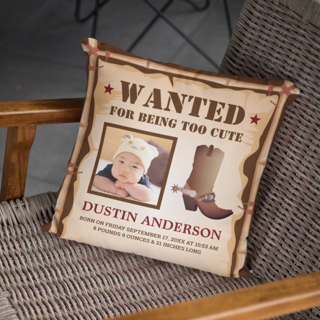Funny Cowboy Photo Wanted Poster Baby Birth Stats Cushion (Creator Uploaded)