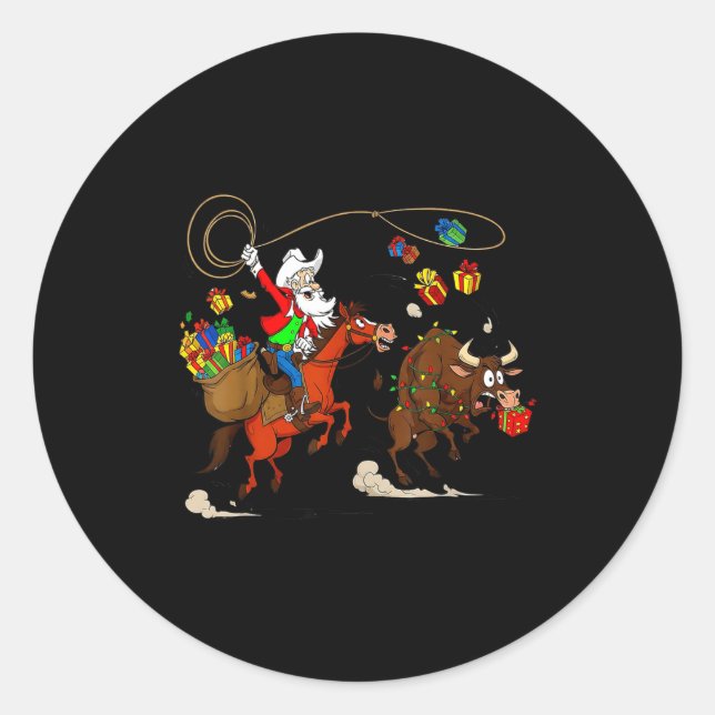 Funny Cowboy Santa Christmas Holiday Western Style Classic Round Sticker (Front)