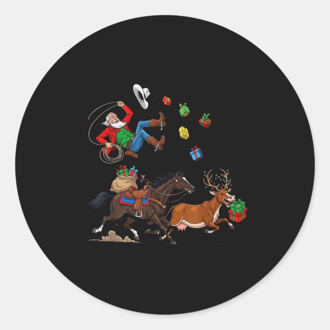 Funny Cowboy Santa Christmas Holiday Western Style Classic Round Sticker (Front)
