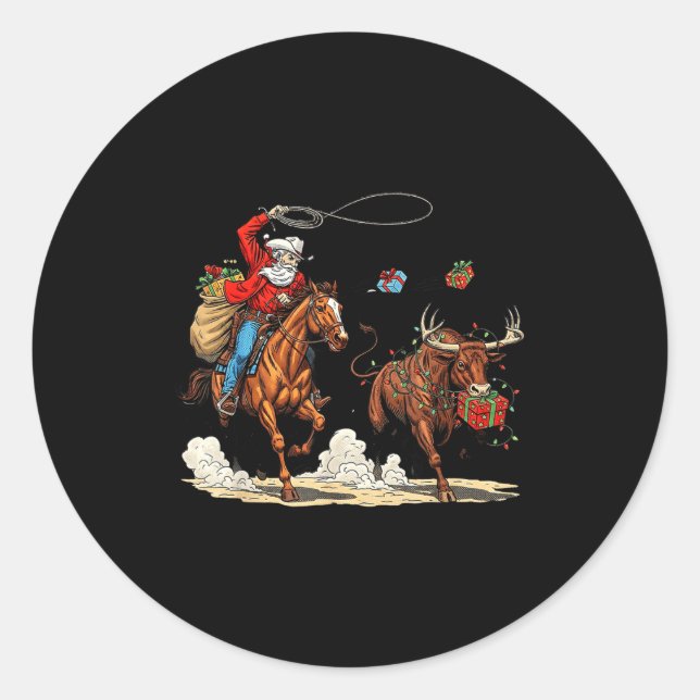 Funny Cowboy Santa Christmas Holiday Western Style Classic Round Sticker (Front)