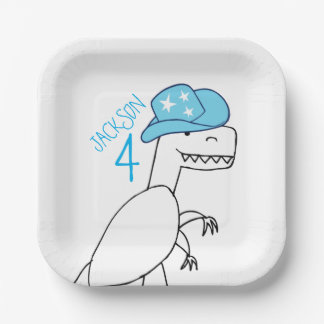Funny Cowboy Trex Dinosaur Kids Birthday Paper Plate