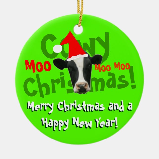 Funny Cowy Christmas Santa Cow Ceramic Tree Decoration (Front)