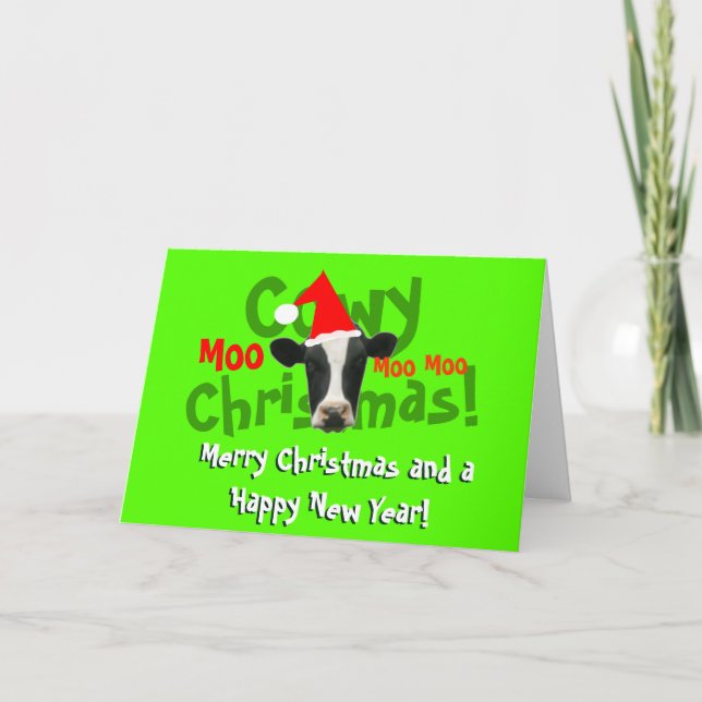 Funny Cowy Christmas Santa Cow Holiday Card (Front)