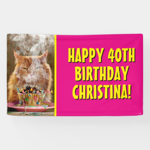 Funny Cranky Cat With Melted Birthday Cupcake Banner
