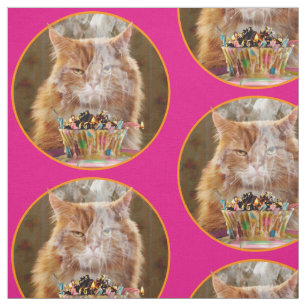 Funny Cranky Cat With Melted Birthday Cupcake Fabric