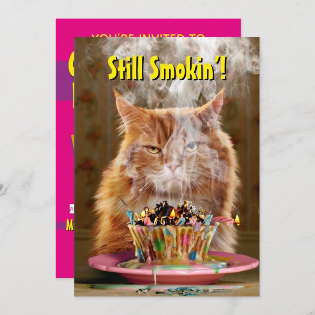 Funny Cranky Cat With Melted Birthday Cupcake Invitation (Front/Back)