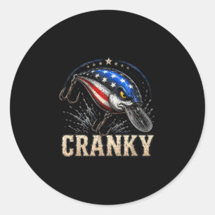 Funny cranky usa flag crankbait patriotic fishing classic round sticker