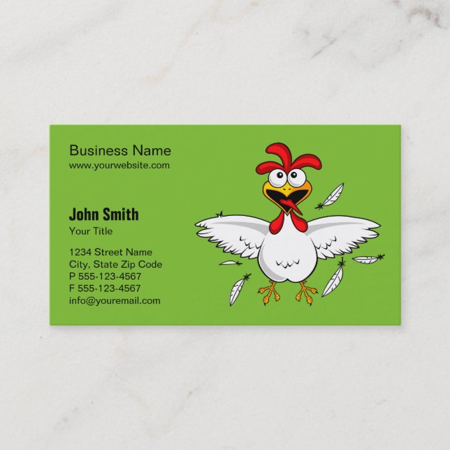 Funny Crazy Cartoon Chicken Green Background Business Card (Front)