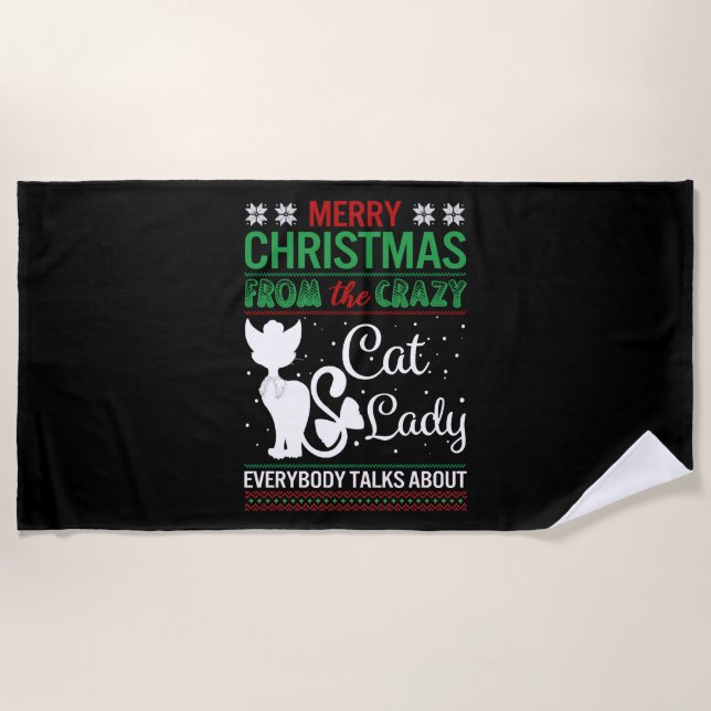 Funny Crazy Cat Lady Christmas Ugly Beach Towel (Front)