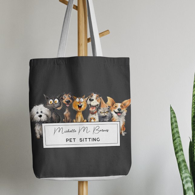 Funny Crazy Cats Dogs Pet Sitter Business Black Tote Bag (Creator Uploaded)