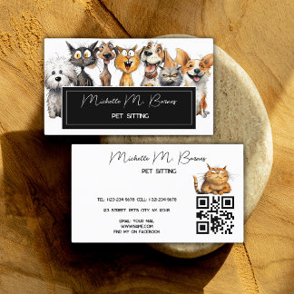 Funny Crazy Cats Dogs Pet Sitter QR Code White  Business Card