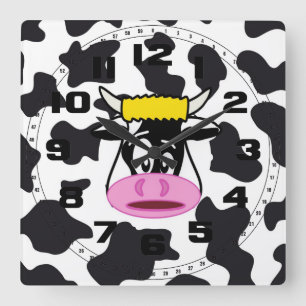 Funny Crazy Cow Bull on Dairy Cow Print Pattern Square Wall Clock