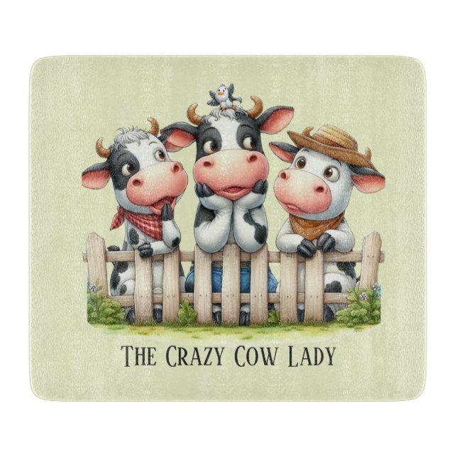 Funny crazy cow lady customisable cutting board (Front)