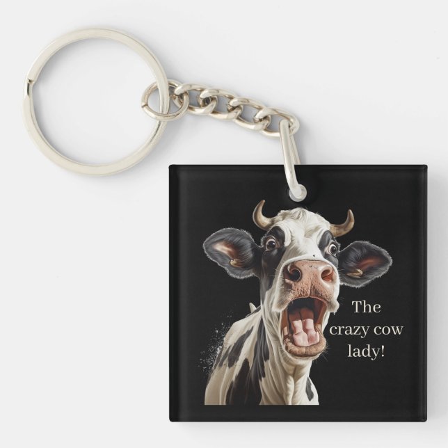 Funny crazy cow lady customisable key ring (Front)