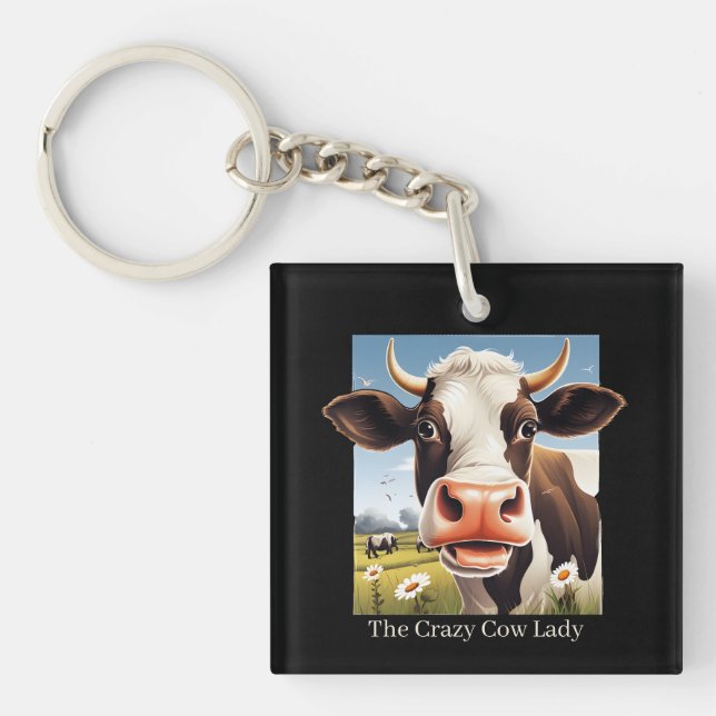 Funny Crazy cow lady customisable Key Ring (Front)