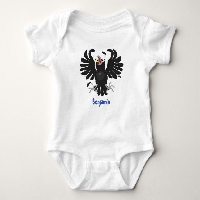 Funny crazy crow raven cartoon illustration baby bodysuit (Front)