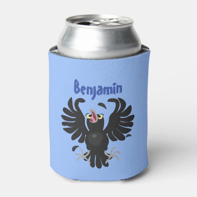 Funny crazy crow raven cartoon illustration can cooler (Can Front)