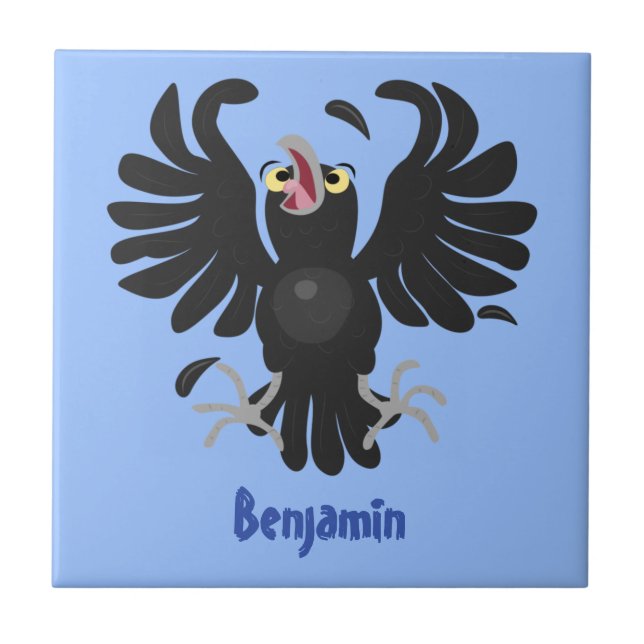 Funny crazy crow raven cartoon illustration ceramic tile (Front)