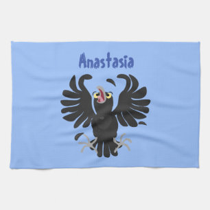 Funny crazy crow raven cartoon illustration tea towel