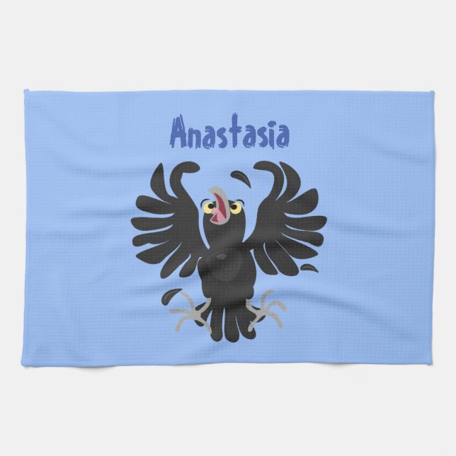 Funny crazy crow raven cartoon illustration tea towel (Horizontal)