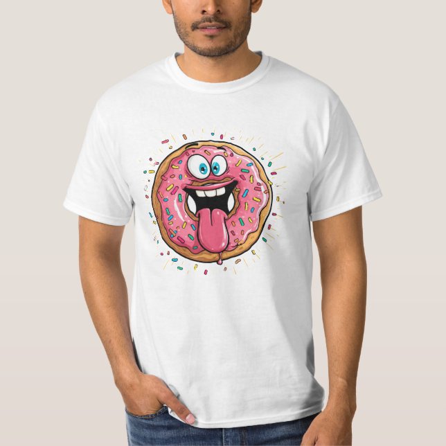 Funny Crazy Pink Glazed Doughnut Monster T-Shirt (Front)