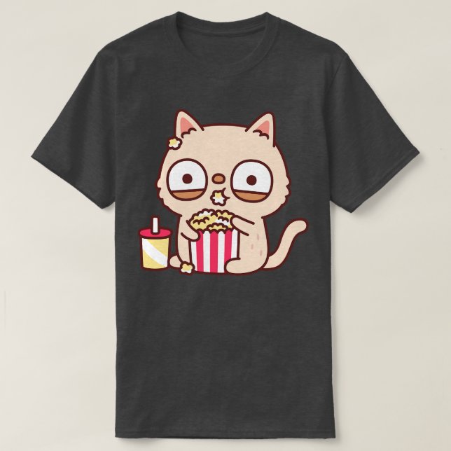 Funny Cream Cat Eating Popcorn T-Shirt (Design Front)