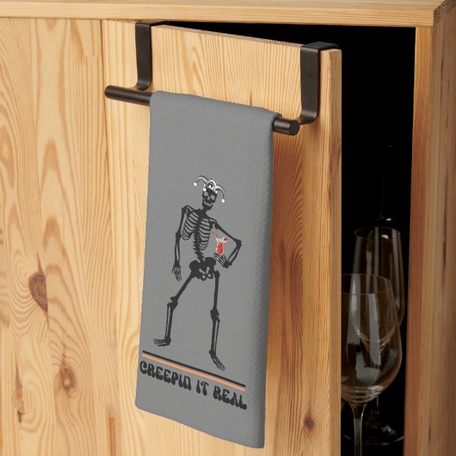 Funny Creepin It Real Skeleton Drinking Halloween  Tea Towel (Thirds Fold)