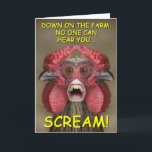 Funny Creepy Chicken Monster Greeting Card<br><div class="desc">Down on the farm, no one can hear you... Scream! This is one of my digital creations. The original photo was of a bantam cockerel. I also added a human mouth. It makes a great greetings card (blank inside) for farmers, poultry keepers or other country folk. This digital image makes...</div>