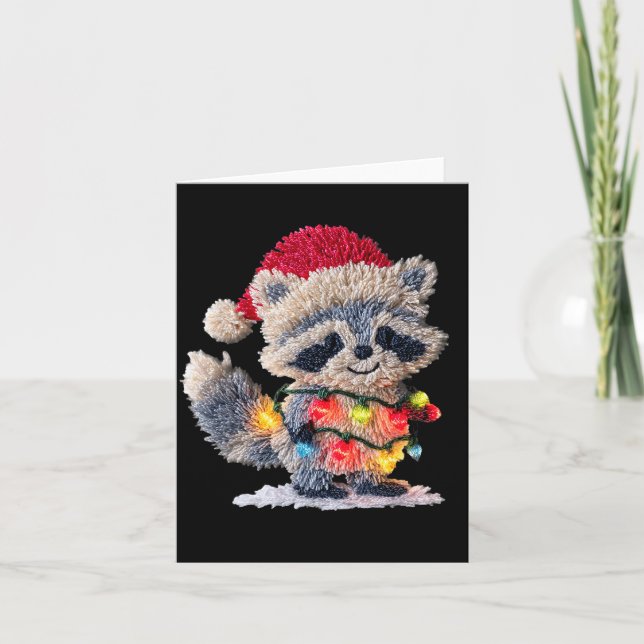 Funny Crochet Christmas Raccoon Xmas Lights Girly  Card (Front)