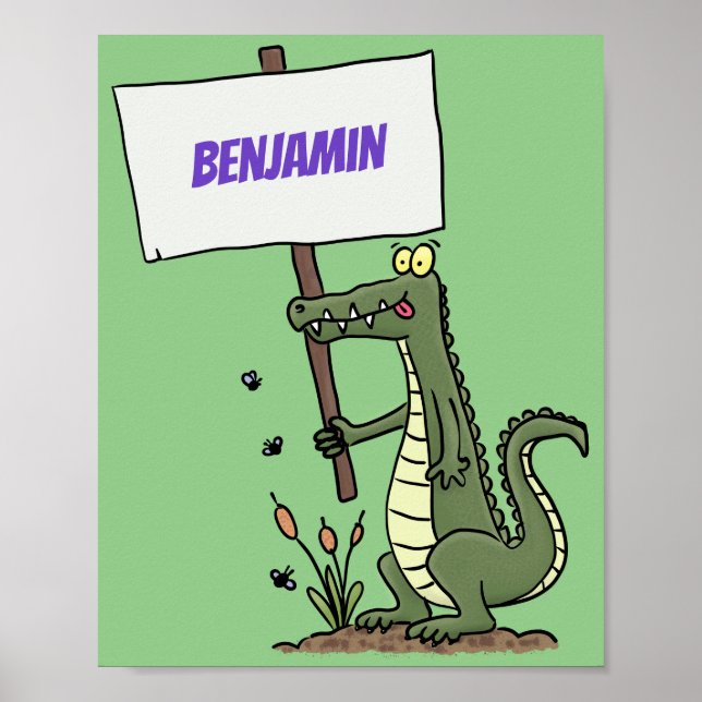 Funny crocodile aligator with sign cartoon (Front)
