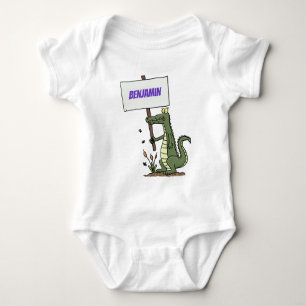 Funny crocodile aligator with sign cartoon baby bodysuit