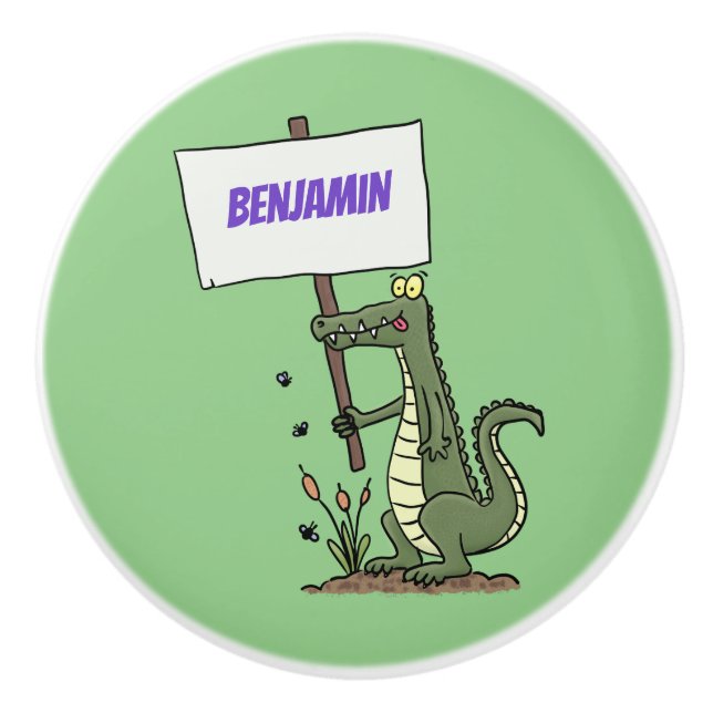 Funny crocodile aligator with sign cartoon ceramic knob (Front)