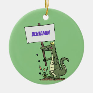 Funny crocodile aligator with sign cartoon ceramic ornament