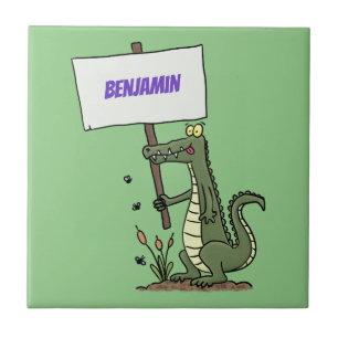 Funny crocodile aligator with sign cartoon ceramic tile
