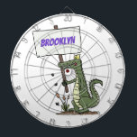 Funny crocodile aligator with sign cartoon dartboard<br><div class="desc">Smile like a crocodile! This funny reptile is carrying a sign for any slogan. Lots of swamp fun!</div>