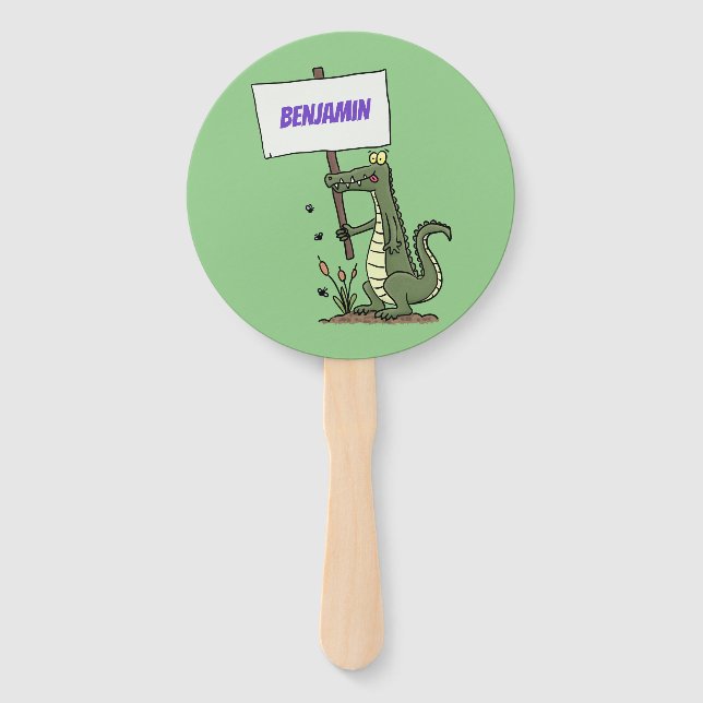 Funny crocodile aligator with sign cartoon hand fan (Front)