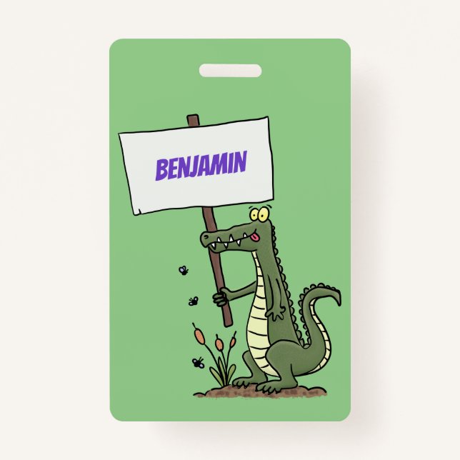 Funny crocodile aligator with sign cartoon ID badge (Front)