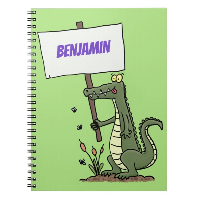 Funny crocodile aligator with sign cartoon notebook (Front)