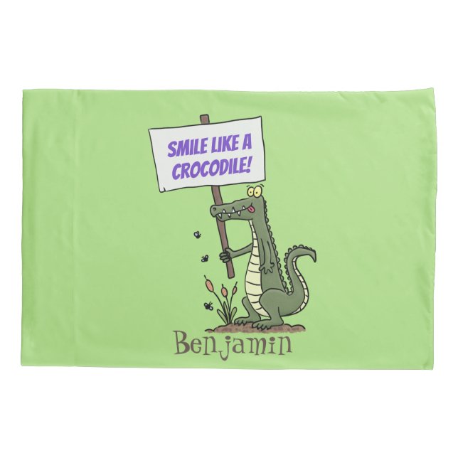 Funny crocodile aligator with sign cartoon pillowcase (Back)