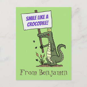 Funny crocodile aligator with sign cartoon postcard